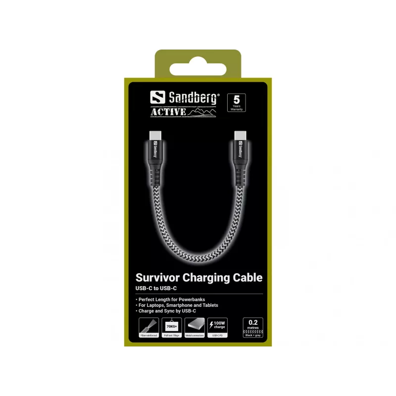Kabel USB-C Sandberg Survivor 0,2 m 100 W czarno-biały