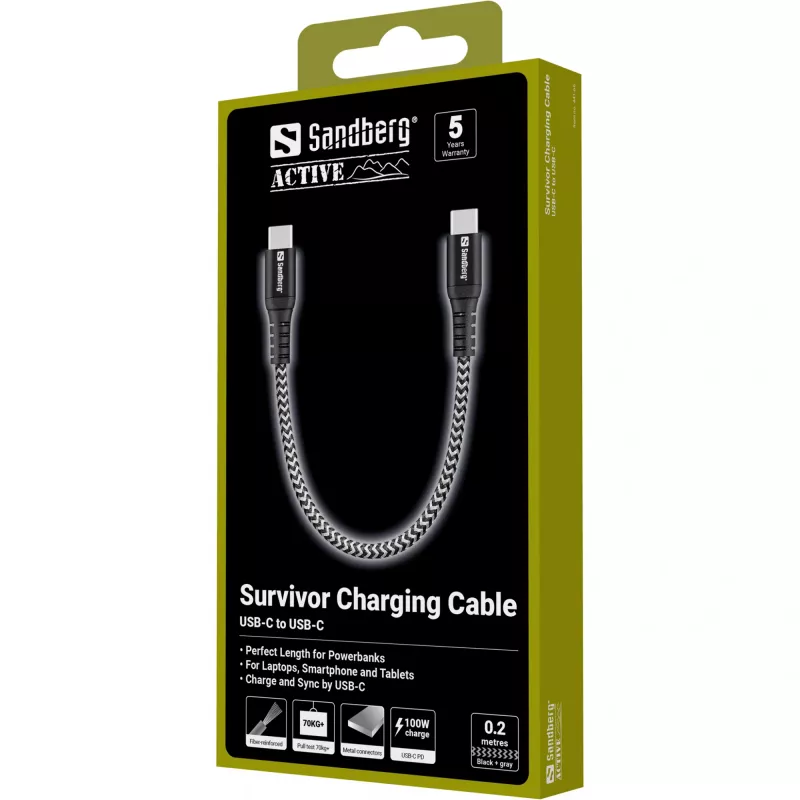 Kabel USB-C Sandberg Survivor 0,2 m 100 W czarno-biały