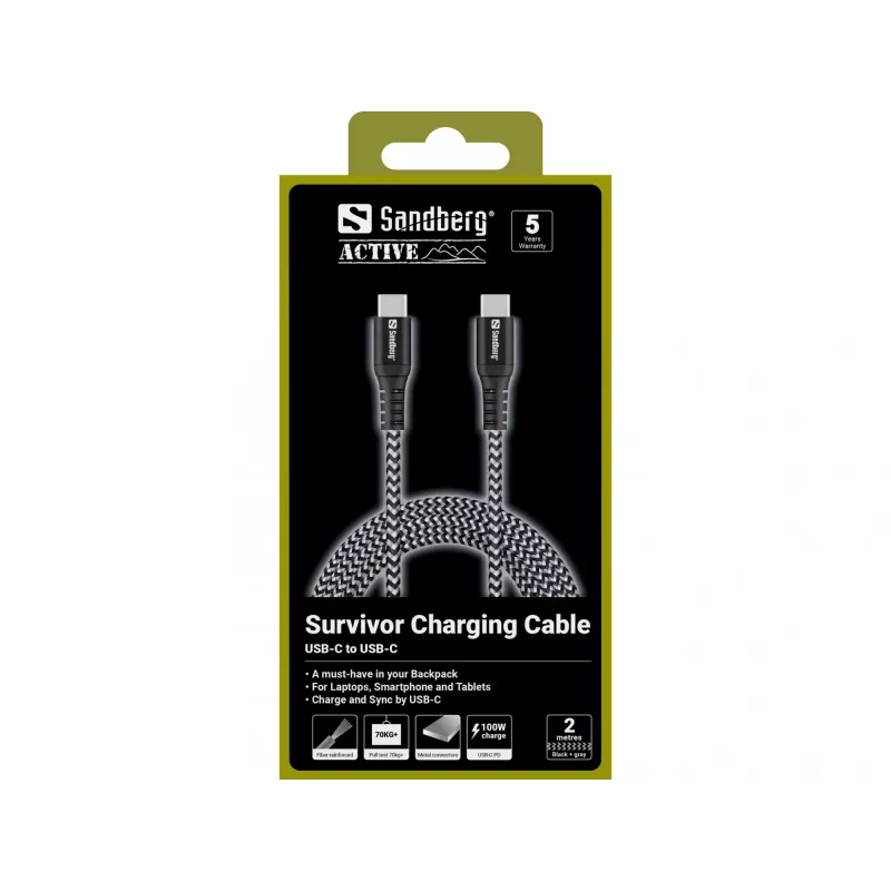 Kabel USB-C Sandberg Survivor 2M 100W Czarny Biały