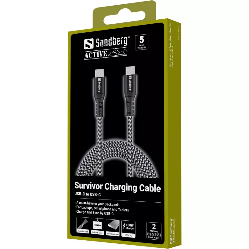 Kabel USB-C Sandberg Survivor 2M 100W Czarny Biały