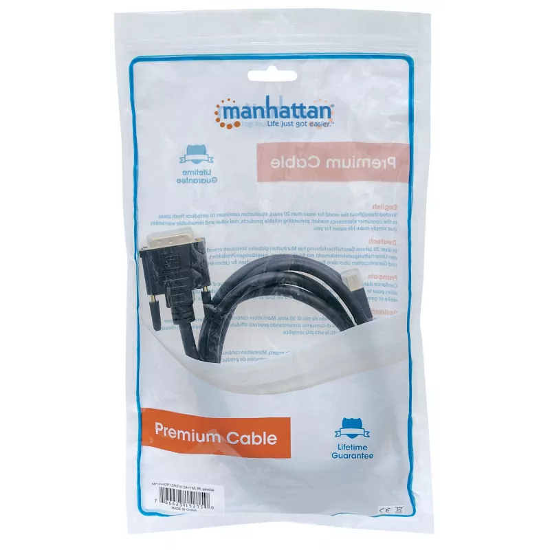Manhattan Mini DisplayPort 1.2a na DVI-D 24+1 kabel, 1080p@60Hz, 1.8m, Męski na Męski, Kompatybilny z DVD-D, Czarny, Dożywotnia Gwarancja