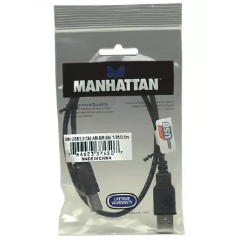 Manhattan USB-A do USB-B, 0,5 m, Męski do Męskiego, 480 Mbps (USB 2.0), Hi-Speed USB, Czarny, Dożywotnia gwarancja, Odpowiednik USB2HAB50CM