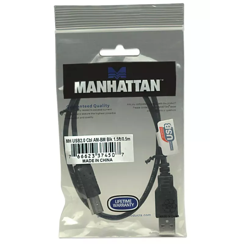 Manhattan USB-A do USB-B, 0,5 m, Męski do Męskiego, 480 Mbps (USB 2.0), Hi-Speed USB, Czarny, Dożywotnia gwarancja, Odpowiednik USB2HAB50CM