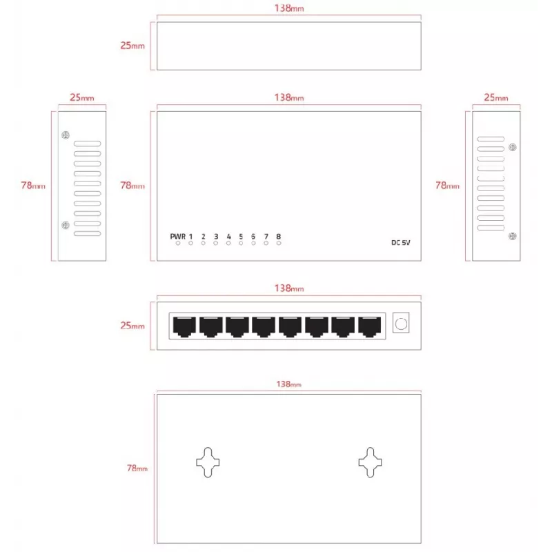 Przełącznik niezarządzalny Lanview LVN-DESK-8PORT-1G — 8-portowy przełącznik Ethernet do montażu na biurku, 1 Gb/s