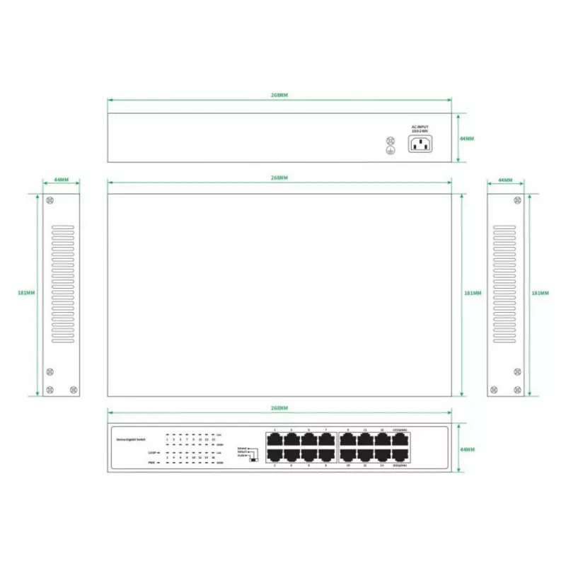 Niezarządzalny przełącznik Lanview LVN-1U-16PORT-1G 16-portowy Ethernet 1 Gbps, do montażu w szafie rack 1U