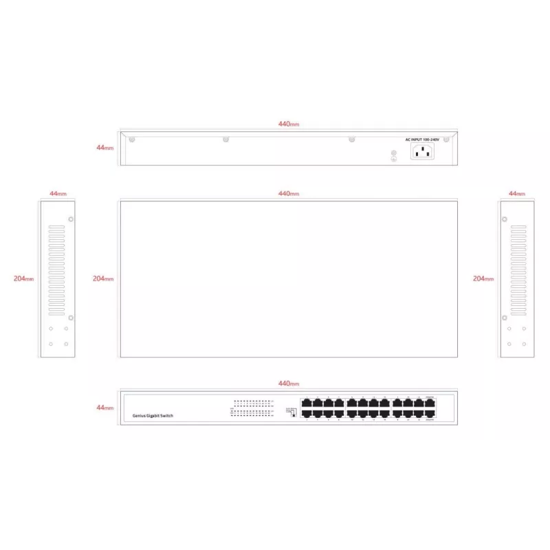 Niezarządzalny przełącznik Lanview LVN-1UMOUNT-24PORT-1G 24-portowy przełącznik Gigabit Ethernet, montaż 1U