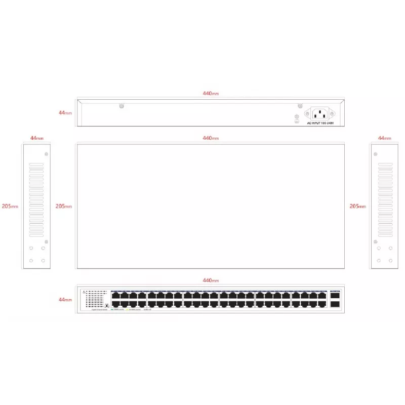 Niezarządzalny przełącznik Lanview LVN-1UMOUNT-48PORT-2SFP-1G — 48 portów RJ45 1G, 2 uplinki SFP