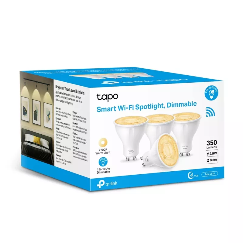 TP-Link Tapo Smart Wi-Fi Spotlight, Dimmable, 4-Pack, Smart bulb, Wi-Fi, biały, 802.11b, 802.11g, Wi-Fi 4 (802.11n), GU10, Parabolic bulb