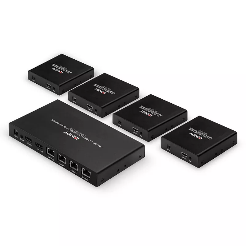 Lindy 70m Cat.6 4-portowy rozdzielacz/przedłużacz HDMI 4K60, 3840 x 2160 pikseli, nadajnik i odbiornik AV, 70 m, przewodowy, czarny, HDCP