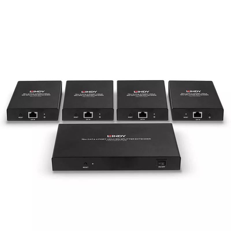 Lindy 70m Cat.6 4-portowy rozdzielacz/przedłużacz HDMI 4K60, 3840 x 2160 pikseli, nadajnik i odbiornik AV, 70 m, przewodowy, czarny, HDCP
