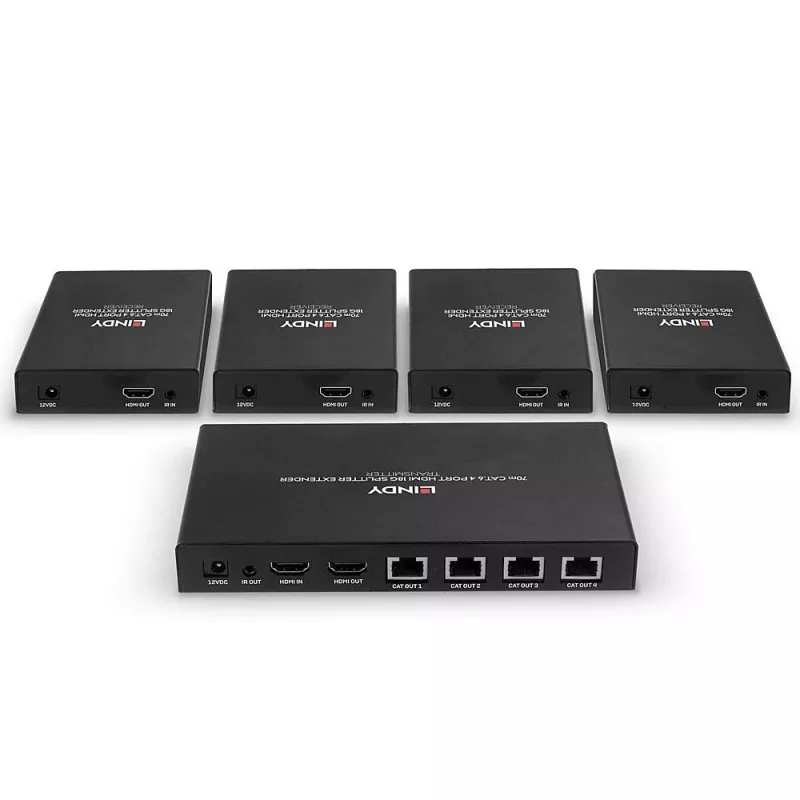 Lindy 70m Cat.6 4-portowy rozdzielacz/przedłużacz HDMI 4K60, 3840 x 2160 pikseli, nadajnik i odbiornik AV, 70 m, przewodowy, czarny, HDCP