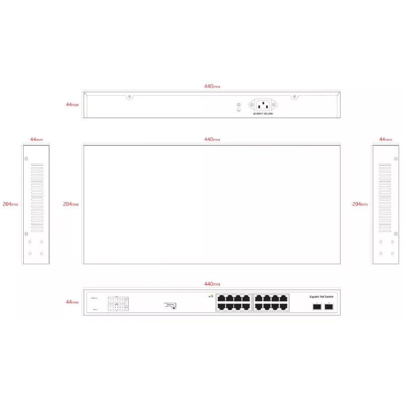 Niezarządzalny przełącznik PoE ERNITEC ELECTRA-U16-1GB, 16 portów, 1 GbE uplink, budżet mocy 285W