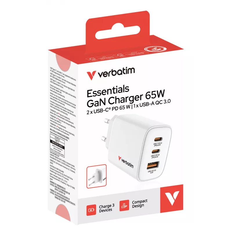 Verbatim Essentials GaN Charger 65W EU plug biały, Indoor, AC, 20 V, biały
