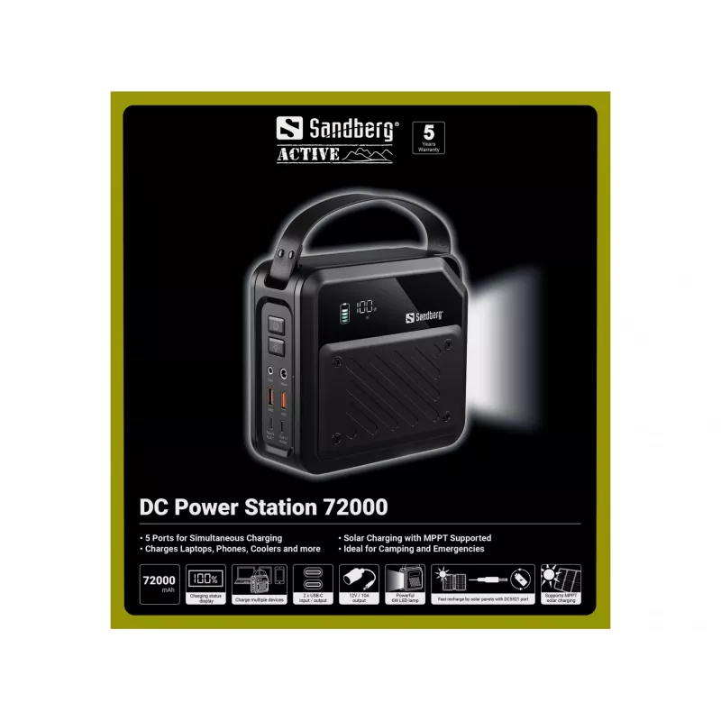 Przenośna stacja zasilania prądem stałym SANDBERG Sandberg DC Power Station 72000 — LMFP 72 000 mAh, wejście DC i USB-C, czarna