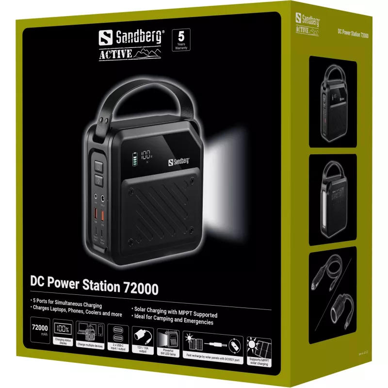 Przenośna stacja zasilania prądem stałym SANDBERG Sandberg DC Power Station 72000 — LMFP 72 000 mAh, wejście DC i USB-C, czarna
