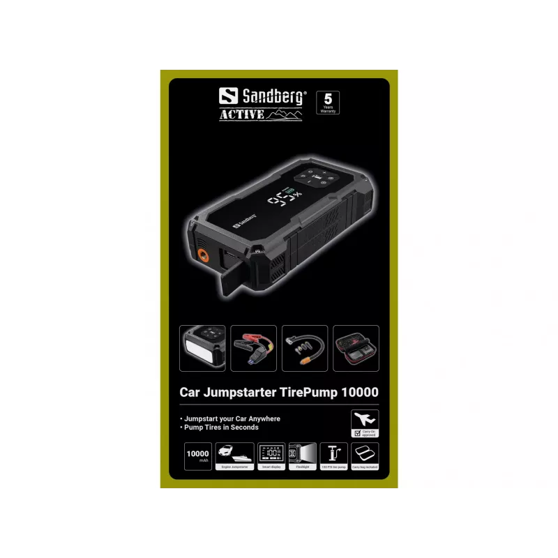 Przenośny rozrusznik i pompka do opon SANDBERG Sandberg Car Jumpstarter TirePump 10000 — rozruch 800 A, wyjście 2 A, USB 5 V