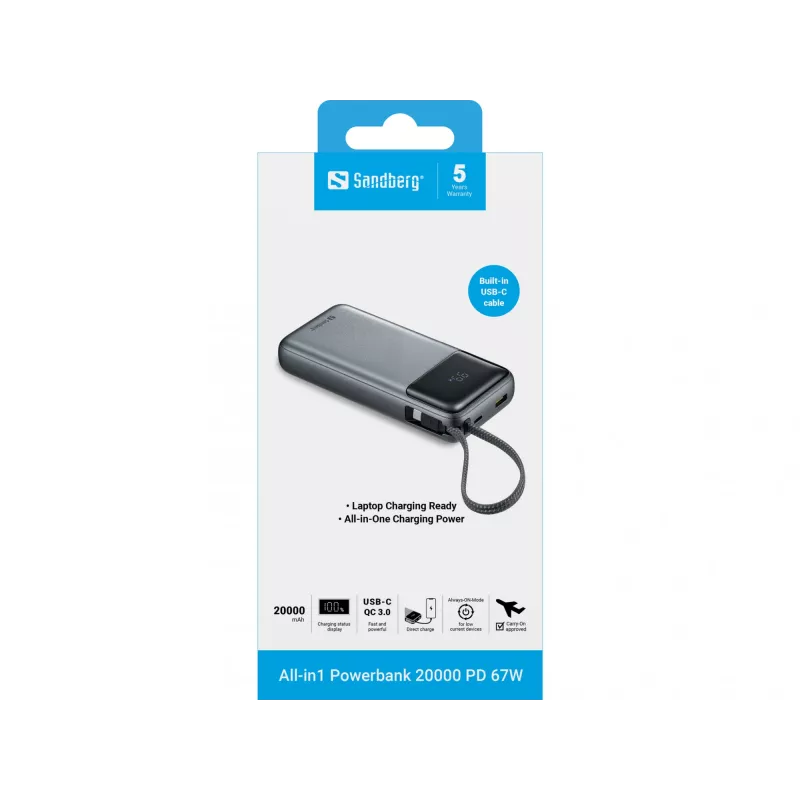 Powerbank SANDBERG All-in1 Powerbank 20000 PD 67W — 20000 mAh LiPo, 1×USB-A, 1×USB-C, wyjście 15W, czarny/szary