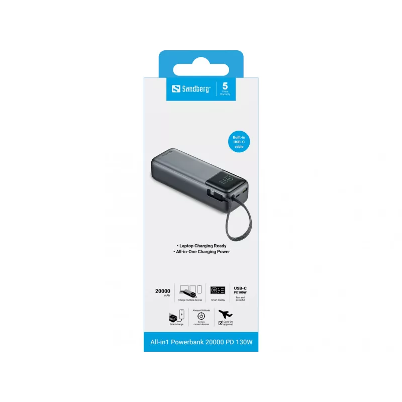 Przenośny powerbank SANDBERG All-in1 Powerbank 20000 PD 130W — 20000 mAh, LiPo, USB-A 1x, USB-C 1x, 130 W, czarny/szary