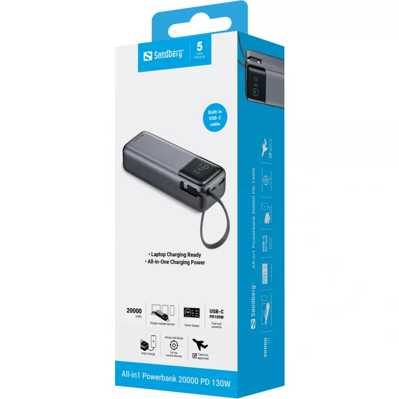Przenośny powerbank SANDBERG All-in1 Powerbank 20000 PD 130W — 20000 mAh, LiPo, USB-A 1x, USB-C 1x, 130 W, czarny/szary