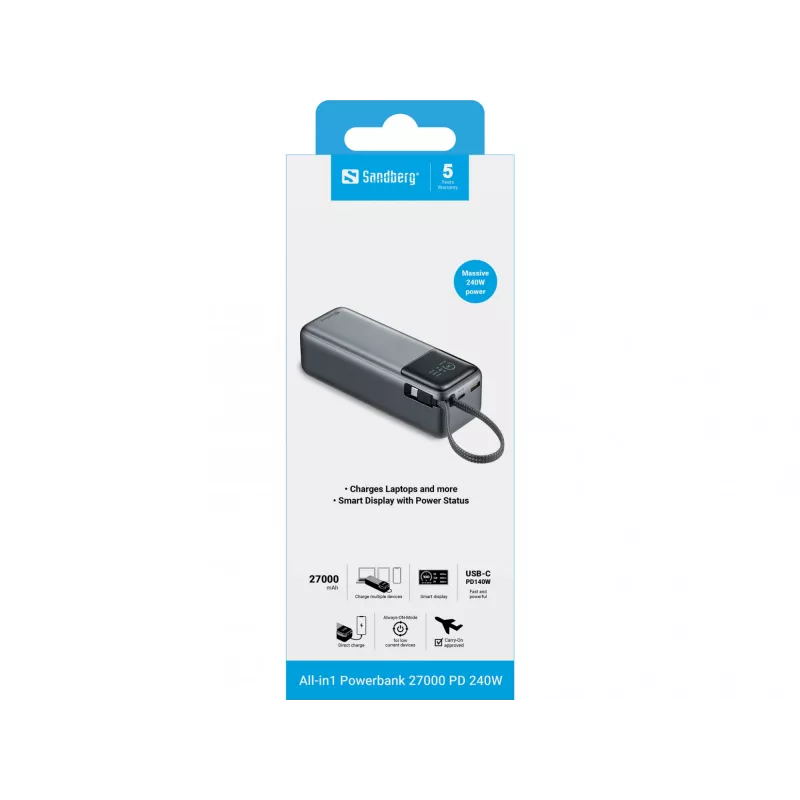 Powerbank SANDBERG All-in1 Powerbank 27000 PD 240W — 27000 mAh LiPo, 240W wyjście, 1× USB-A, 1× USB-C, 3.6V — Czarny/Szary
