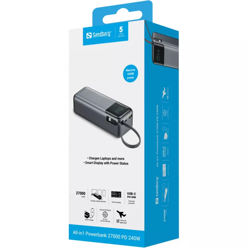 Powerbank SANDBERG All-in1 Powerbank 27000 PD 240W — 27000 mAh LiPo, 240W wyjście, 1× USB-A, 1× USB-C, 3.6V — Czarny/Szary