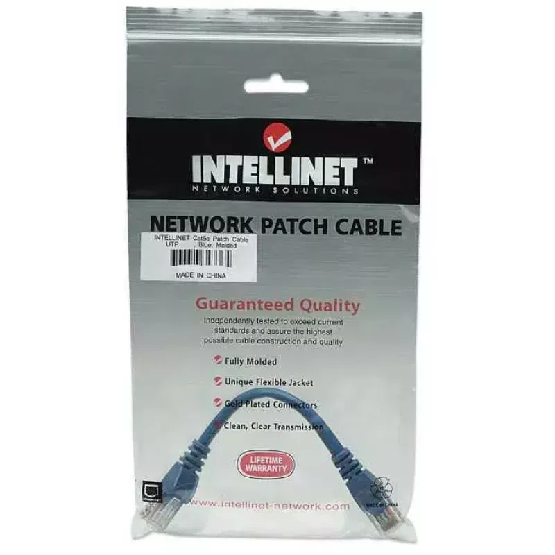 Intellinet sieciowy kabel krosowy, Cat5e, 0.5m, niebieski, CCA, U/UTP, PVC, RJ45, pozłacane styki, bezzaczepowa osłona, z odciążką, dożywotnia gwarancja