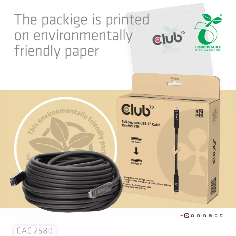 CLUB3D 15M Full-Feature USB-C® kabel / 49.21ft 8K60Hz 10Gbps 60W