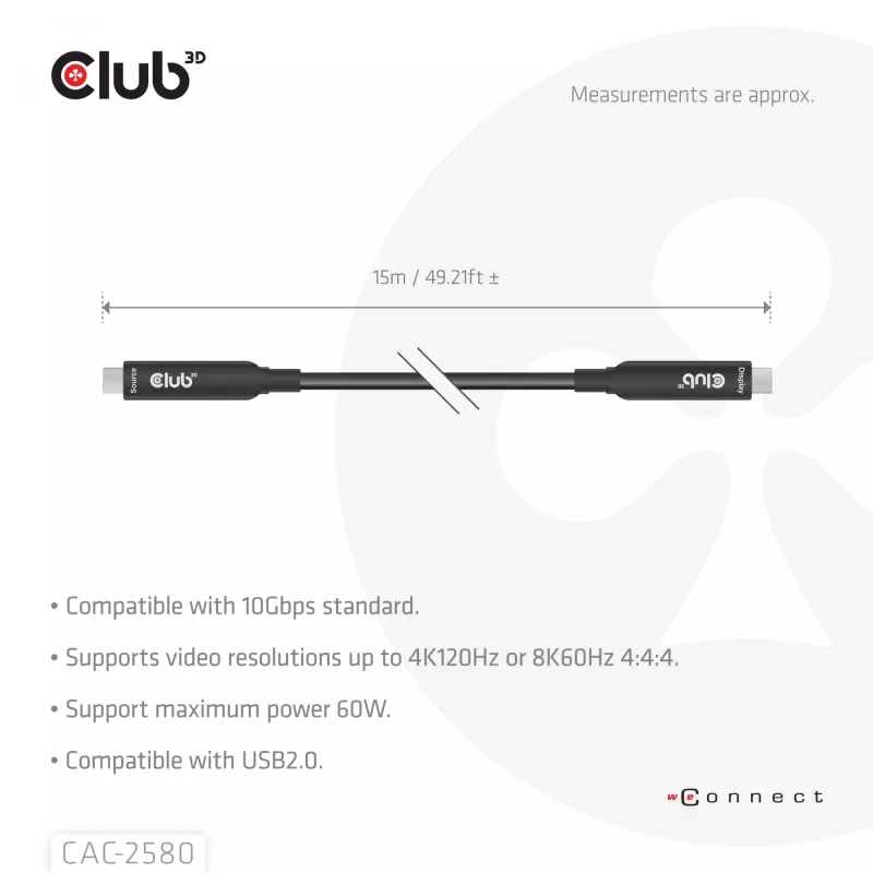 CLUB3D 15M Full-Feature USB-C® kabel / 49.21ft 8K60Hz 10Gbps 60W