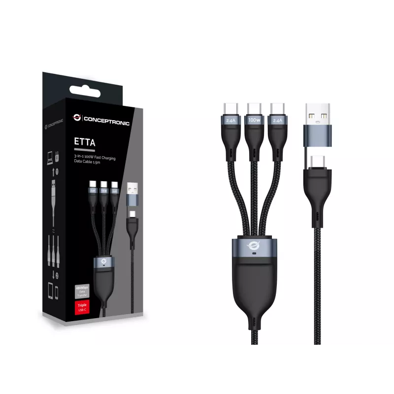 Conceptronic ETTA06B15C 3 w 1 kabel do szybkiego ładowania 100W 1,5 m, potrójny USB-C, USB 2.0, E-Mark