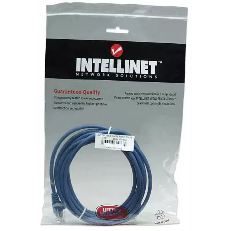 Kabel krosowy sieciowy Intellinet, Kat. 5e, 1 m, niebieski, CCA, U/UTP, PVC, RJ45, pozłacane styki, bez zaczepu, osłonięty, dożywotnia gwarancja