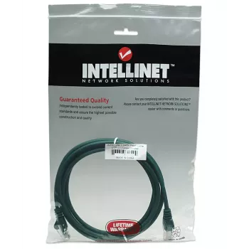 Kabel krosowy sieciowy Intellinet, Kat. 5e, 5 m, zielony, CCA, U/UTP, PVC, RJ45, pozłacane styki, bezzaczepowa osłona, z osłoną, dożywotnia gwarancja