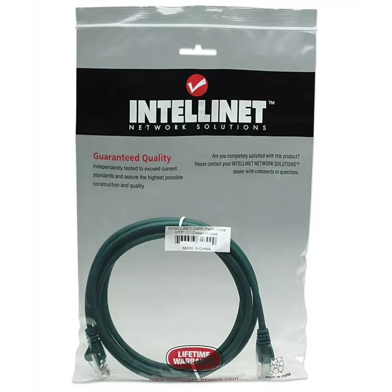 Kabel krosowy sieciowy Intellinet, Kat. 5e, 5 m, zielony, CCA, U/UTP, PVC, RJ45, pozłacane styki, bezzaczepowa osłona, z osłoną, dożywotnia gwarancja