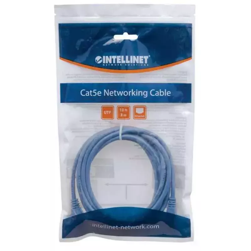 Intellinet sieciowy kabel krosowy, Cat5e, 3m, niebieski, CCA, U/UTP, PVC, RJ45, pozłacane styki, bezzaczepowa osłona, odciążka, dożywotnia gwarancja