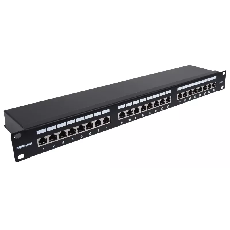 Intellinet Patch Panel, Cat6a, FTP, 24-Port, 1U, Ekranowany, 90° górne wejście do bloków zaciskowych, Czarny