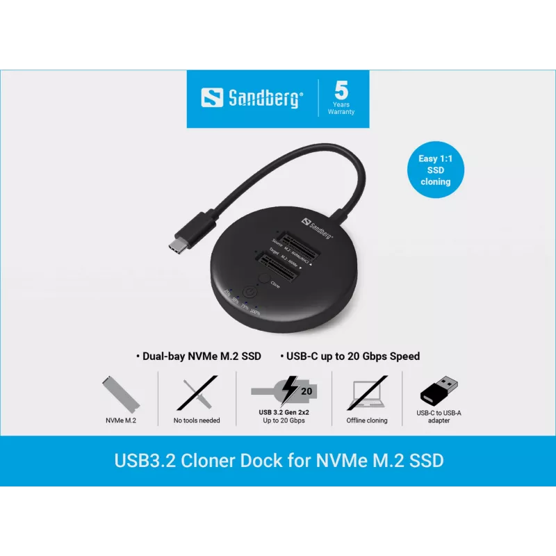Sandberg USB3.2 Cloner Dock do NVMe M.2 SSD, Czarny, 20 Gbit/s