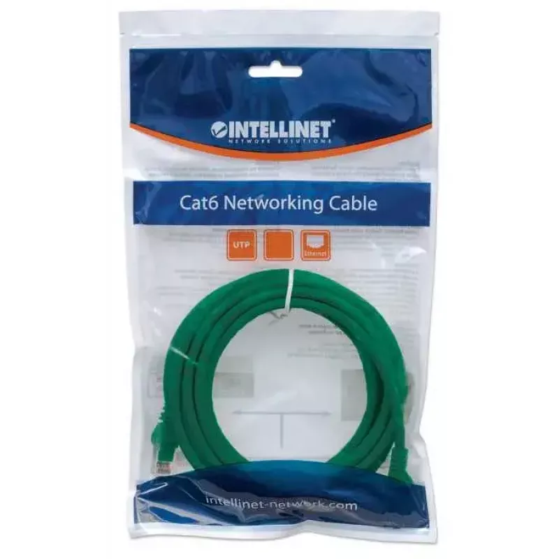 Intellinet Kabel krosowy sieciowy, kat. 6, 0,5 m, zielony, CCA, U/UTP, PVC, RJ45, pozłacane styki, bezzaczepowa wtyczka, osłona, dożywotnia gwarancja