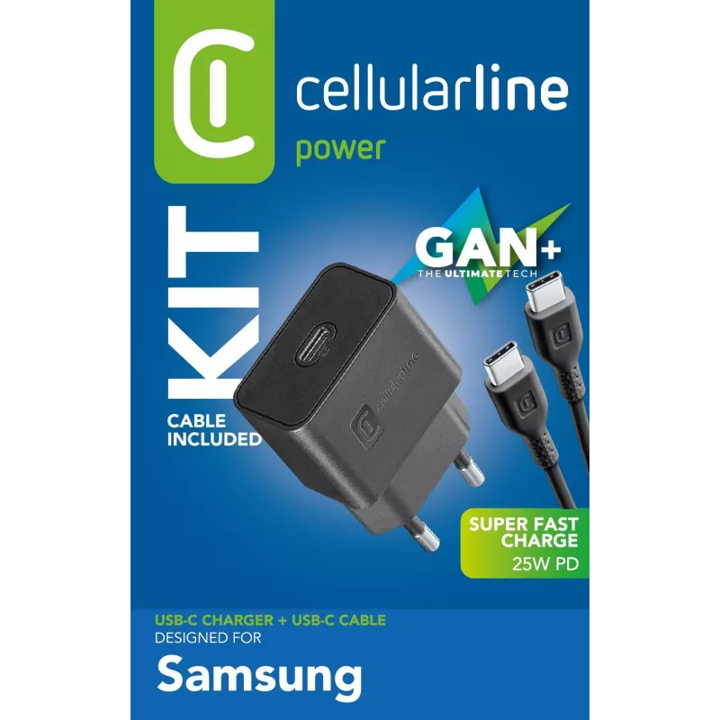 Zestaw superszybkiej ładowarki Cellularline 25 W – USB-C na USB-C – Samsung 25 W – superszybkie ładowanie PD z kablem USB-C na USB-C