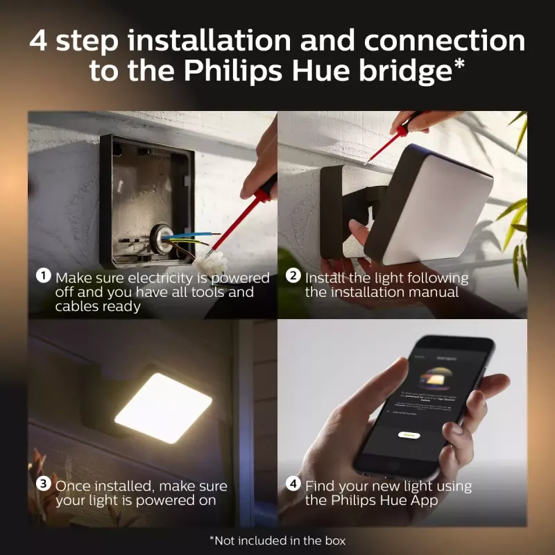 Inteligentny zewnętrzny reflektor naścienny Philips Hue biały Welcome Floodlight, LED 20,5 W, wejście 220–240 V, żarówka 24 V, czarny, 160×220×153 mm