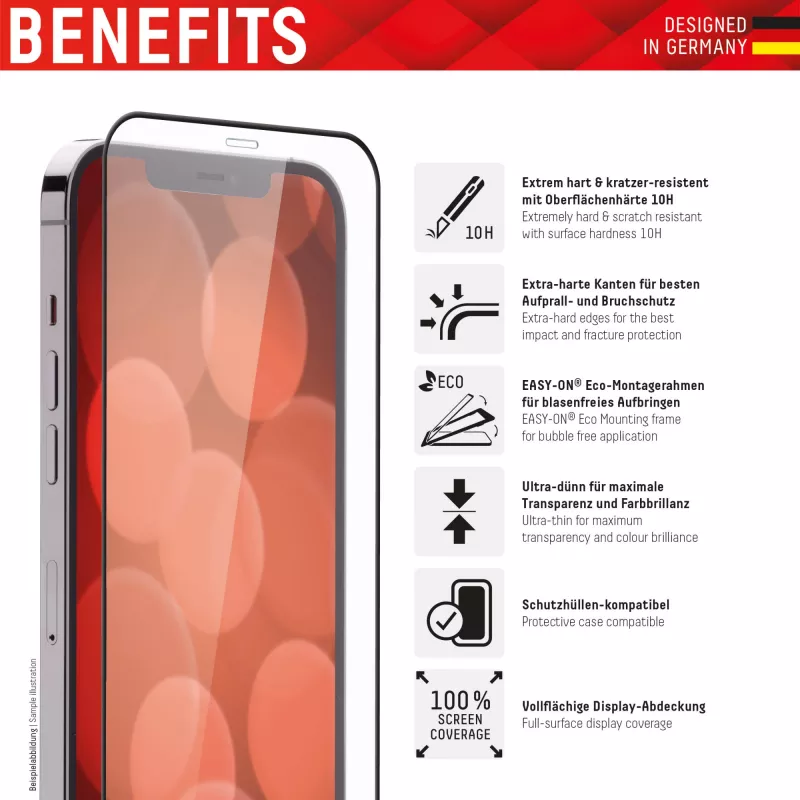 Displex Premium Szkło Ochronne (Pełna Pokrywa, 10H) do Apple iPhone 13/13 Pro/14/16e/17e, Eko Ramka Montażowa, Pełna Pokrywa