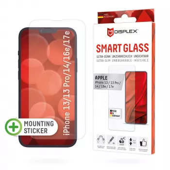 Displex Smart Glass (9H) do Apple iPhone 13/13 Pro/14/16e/17e, naklejki montażowe, nietłukące się