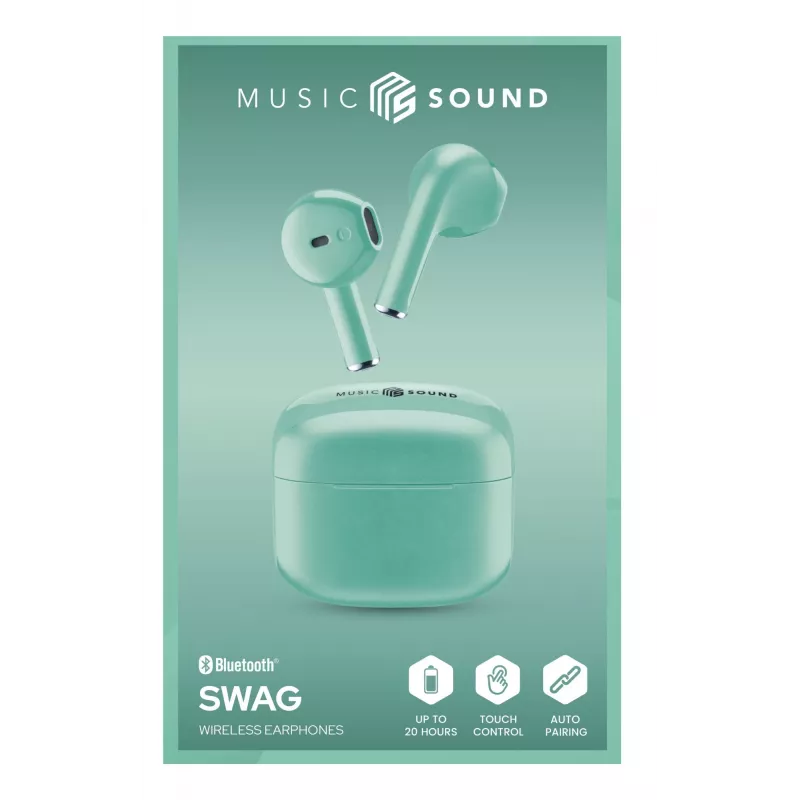 Music Sound Swag SWAG, bezprzewodowe słuchawki Bluetooth w kształcie kapsułki, dostępne w wielu jasnych, supermodnych kolorach.
