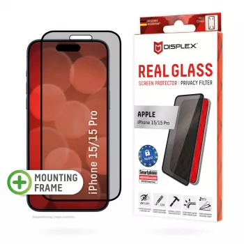 Displex Privacy Screen Protector (10H) do Apple iPhone 15/15 Pro, ramka montażowa Eco, filtr prywatności