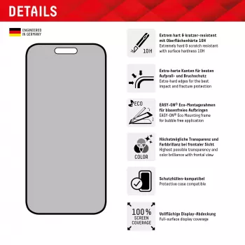 Displex Privacy Screen Protector (10H) do Apple iPhone 15/15 Pro, ramka montażowa Eco, filtr prywatności
