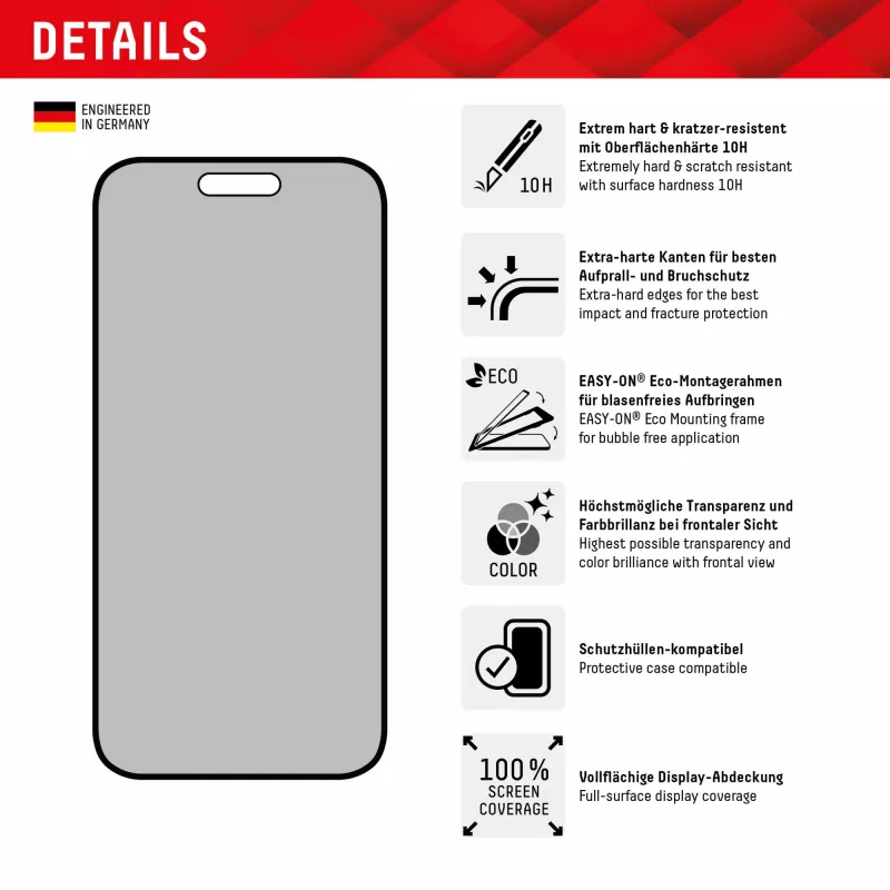 Displex Privacy Screen Protector (10H) do Apple iPhone 15/15 Pro, ramka montażowa Eco, filtr prywatności