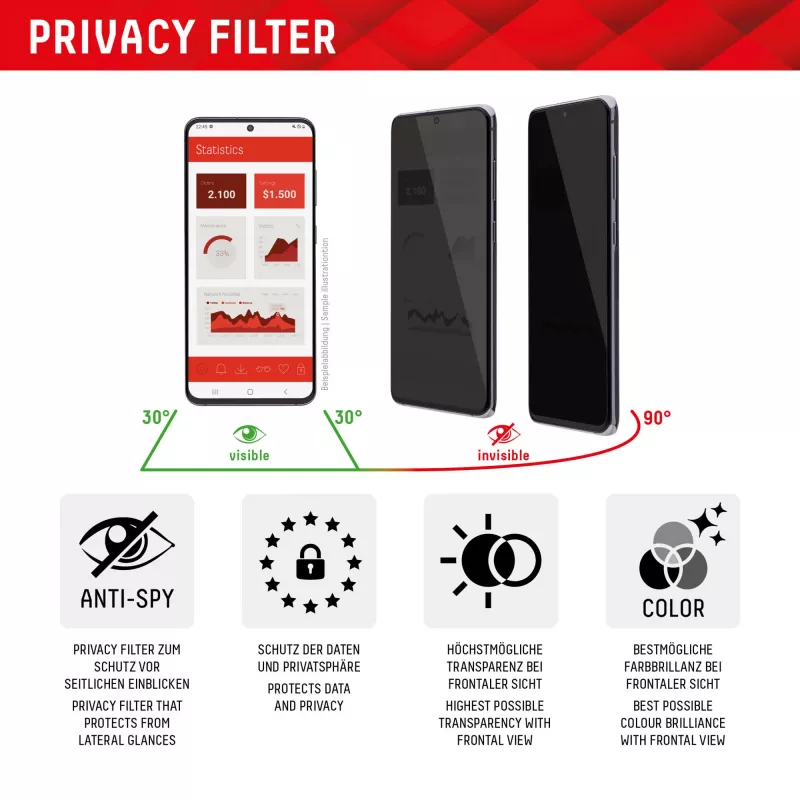 Displex Privacy Screen Protector (10H) do Apple iPhone 15/15 Pro, ramka montażowa Eco, filtr prywatności