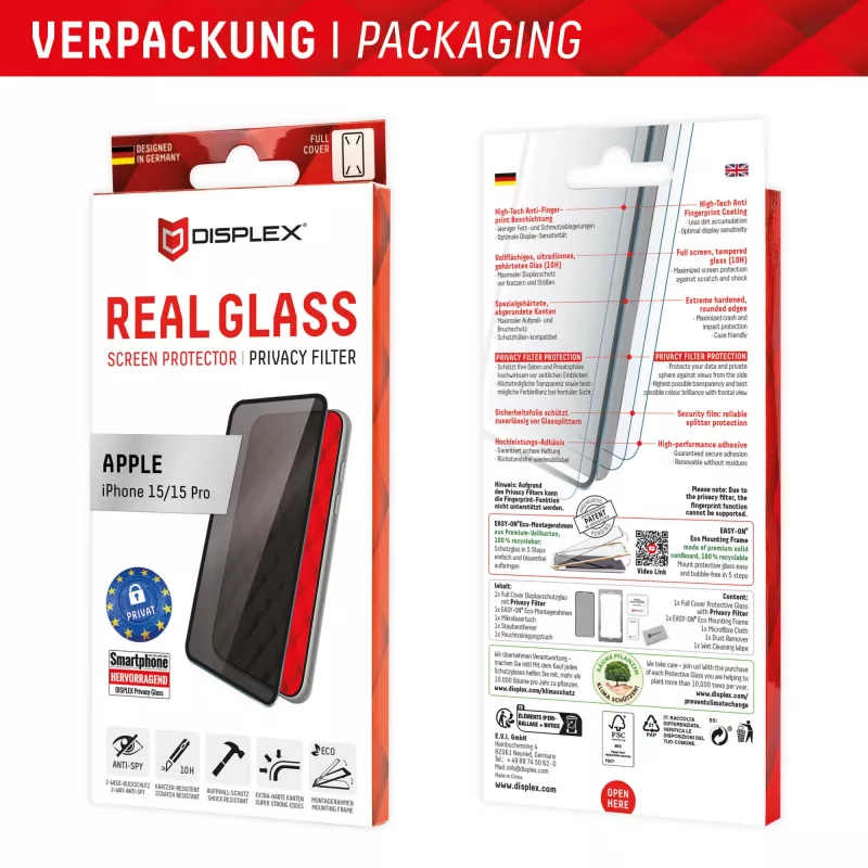 Displex Privacy Screen Protector (10H) do Apple iPhone 15/15 Pro, ramka montażowa Eco, filtr prywatności