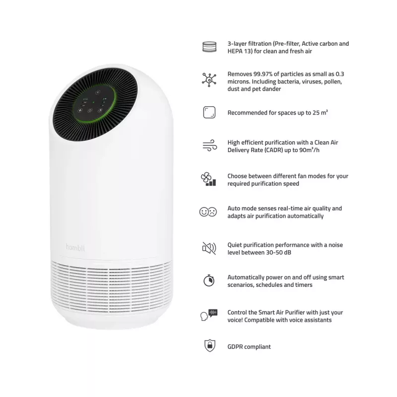 Oczyszczacz powietrza Hombli Smart Air Purifier by Avanca International BV, poziom hałasu 30 dB, dostępny w kolorze białym i czarnym