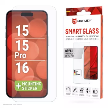 Displex Smart Glass (9H) do Apple iPhone 15/15 Pro/16, naklejka montażowa, niezniszczalne