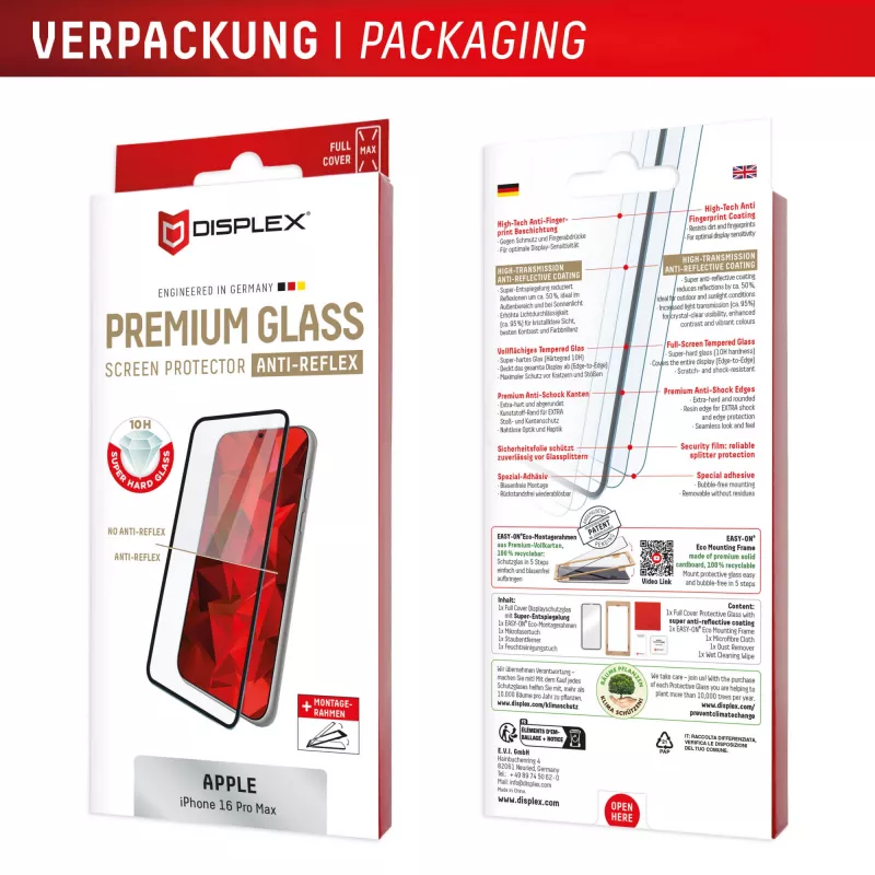 Displex Premium Anti-Reflex Screen Protector (antyrefleksyjna pełna osłona, 10H) do Apple iPhone 16 Pro Max, Eko Rama Montażowa, Pełna Osłona