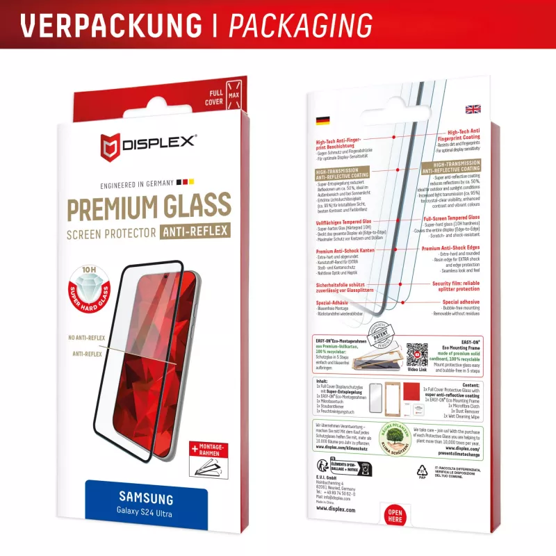 Displex Premium Anti-Reflex Screen Protector (antyrefleksyjna pełna osłona, 10H) do Samsung Galaxy S24 Ultra, Eko Ramka Montażowa, Pełna Osłona